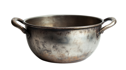 A vintage silver pot with a worn, rustic finish, perfect for cooking or display. This timeless kitchenware adds character to any culinary space.