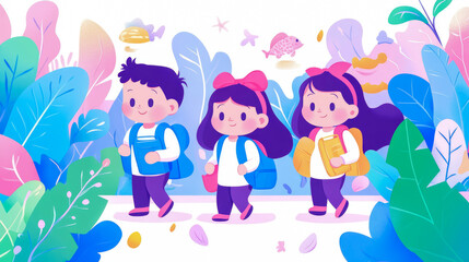 Back to school: Happy children walking together, carrying backpacks among colorful leaves and aquatic life illustrations