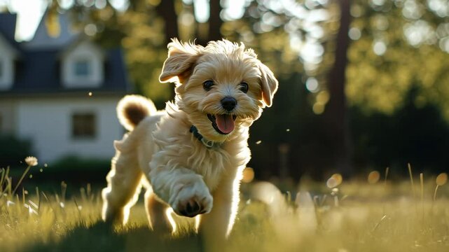 A happy and playful Havanese puppy running through the grass in an outdoor garden, captured with a wide-angle lens to emphasize its lively nature. 