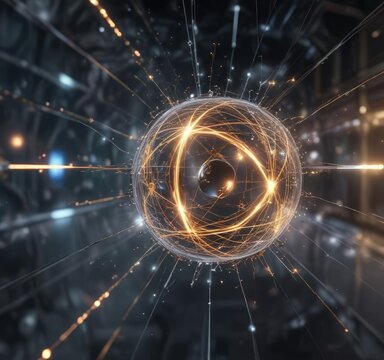 Abstract representation of quantum particles in a mesh environment, quantum physics, geometric shapes