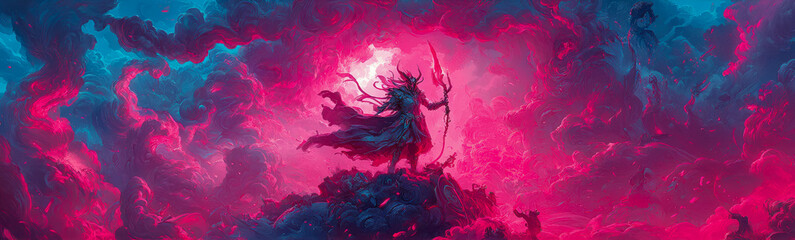 Mystical Figure with Staff Amidst Vibrant Cloudscape: A Digital Painting