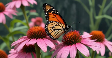 Naklejka premium A monarch butterfly sipping nectar from the center of a tall pink coneflower, , nature, pink coneflower