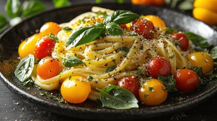 A vibrant plate of vegetable primavera pasta with bell peppers, zucchini, cherry tomatoes, and fresh basil leaves, offering a fresh and colorful meal.