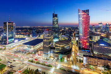 Warsaw skyline skyscraper in downtown by night in Warsaw, Poland