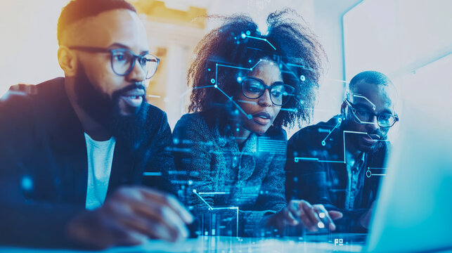 Team of developers collaborating on a project, futuristic technology overlay