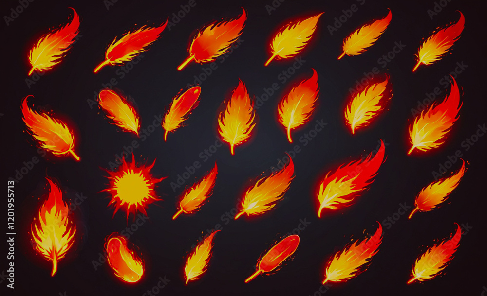 Aufkleber a collection of fire-like feathers in various sizes and orientations. the feathers are all red and a