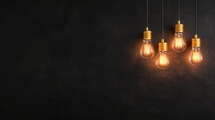 Glowing vintage bulbs hang against dark background, ideas concept, website banner