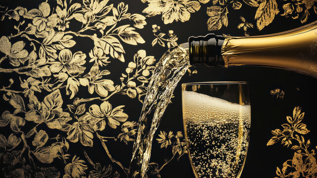 Exquisite Golden Champagne Cascading Into a Crystal Glass Against a Luxurious Floral Backdrop