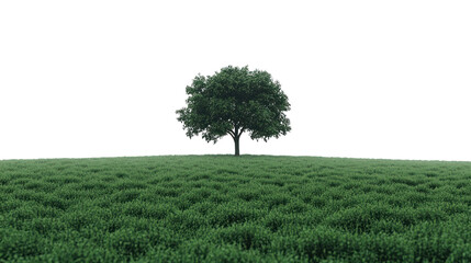 Fototapeta premium A solitary tree stands tall on a lush green field, showcasing the beauty of nature and the tranquility of open landscapes.