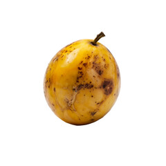 Overripe Passion Fruit: A single, overripe passion fruit, its yellow skin speckled with brown blemishes, sits centrally against a clean backdrop.