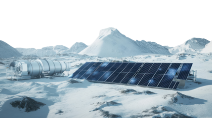 A futuristic solar energy station located in a snowy alien landscape, showcasing renewable technology amidst vast icy mountains and serene beauty.