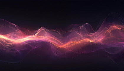 Obraz premium Abstract flowing waves of vibrant pink and orange particles on a dark background. Ideal for technology, energy, or data visualization projects.