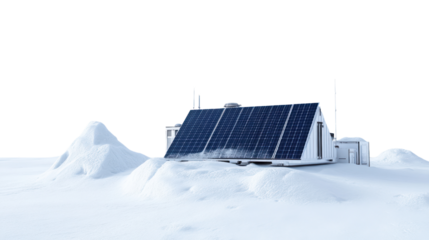 A modern building with solar panels sits in a snowy landscape, showcasing the integration of sustainable energy in extreme environments.