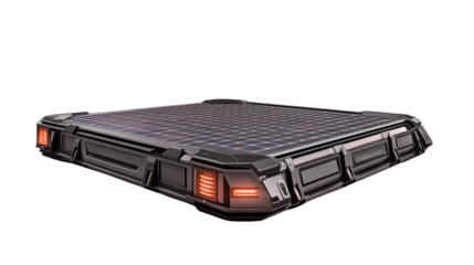 Futuristic solar panel platform with a sleek design and glowing accents, ideal for showcasing renewable energy solutions and modern technology.