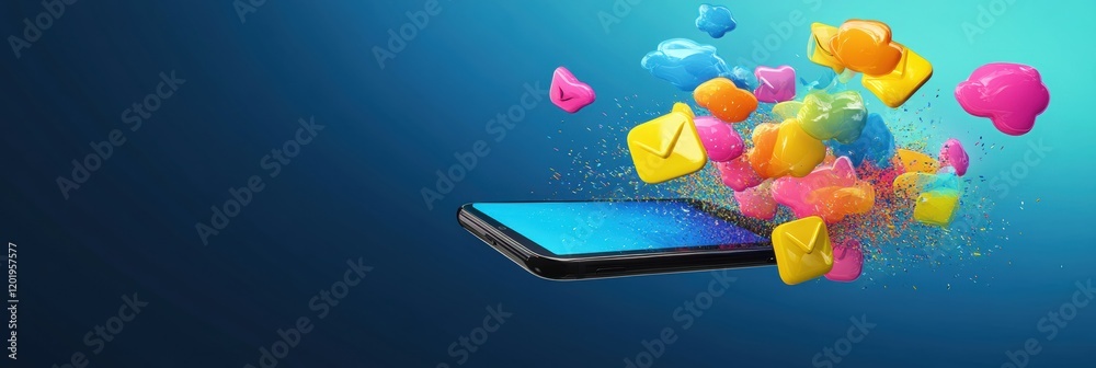 Poster bright chat bubbles stream from a smartphone, creating a vibrant and lively digital atmosphere. gene