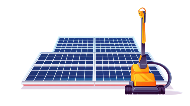A vibrant illustration of a solar panel being cleaned with a vacuum. Highlighting renewable energy and the importance of maintenance for efficiency.