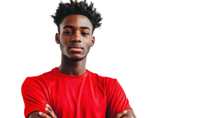 A young person stands confidently with arms crossed, wearing a bright red shirt, showcasing strength and self-assurance against a neutral background.