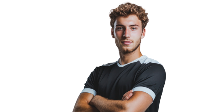 A confident young male athlete poses with crossed arms, showcasing his determination and readiness for competition in a dynamic sports environment.