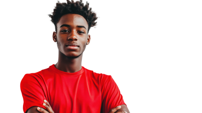 A young person stands confidently with arms crossed, wearing a bright red shirt, showcasing strength and self-assurance against a neutral background.