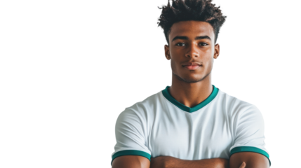 Young man with confident expression, wearing a casual white shirt. Ideal for themes of youth, determination, and modern lifestyle.