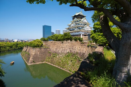 Osaka castle with walls and a moat., Osaka - Japan