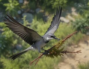 Fototapeta premium Aerial view of the kingbird flying through the air while carrying a dragonfly in her beak, nature, bird