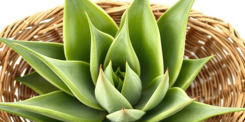 Obraz premium Agave leaves and stems in a natural fiber basket on a white background, woven basket, nature texture, rustic decor