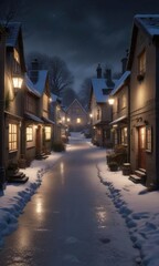 A quiet snowy village scene with houses and shops in the background, illuminated by soft streetlights, quiet town, peaceful streets