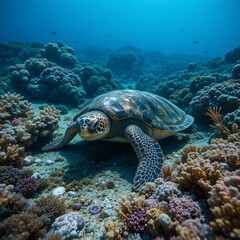 Naklejka premium A Serene Underwater Scene with a Sea Turtle and Vibrant Coral Reefs