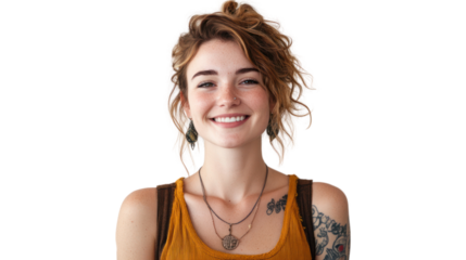 A joyful young woman with curly hair and tattoos smiles at the camera, exuding a warm and friendly vibe. Perfect for lifestyle and personal portraits.