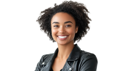 A cheerful young woman with curly hair smiles confidently, wearing a black leather jacket. The image radiates positivity and warmth, perfect for various themes.