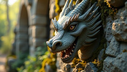 Fototapeta premium Dragon Head Sculpture: Stone Majesty in a Mystical Garden