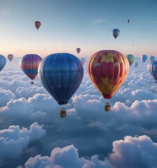 Obraz premium Air balloons floating serenely on a calm blue sky with a few clouds drifting lazily across the horizon, peaceful scene, soft focus, gentle movement