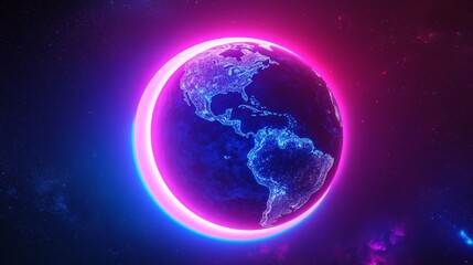 Naklejka premium Vibrant Glowing Earth Arc - A vibrant glowing crescent arc surrounds a digital Earth, symbolizing global connection, technological advancement, cosmic energy, future possibilities, and planetary unity