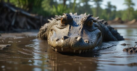 Alligator's snout poking out of the muddy swamp waters , wildlife, aquatic, reptile
