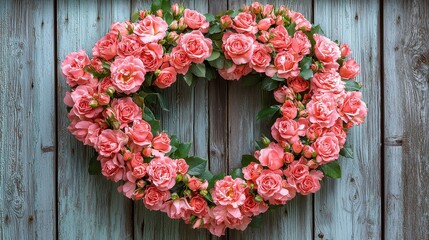 Heart-shaped wreath made of romantic pink roses on rustic teal wooden background