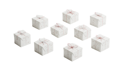 A collection of beautifully wrapped white gift boxes with red ribbons, perfect for holidays, celebrations, or special occasions, bringing joy and surprise.