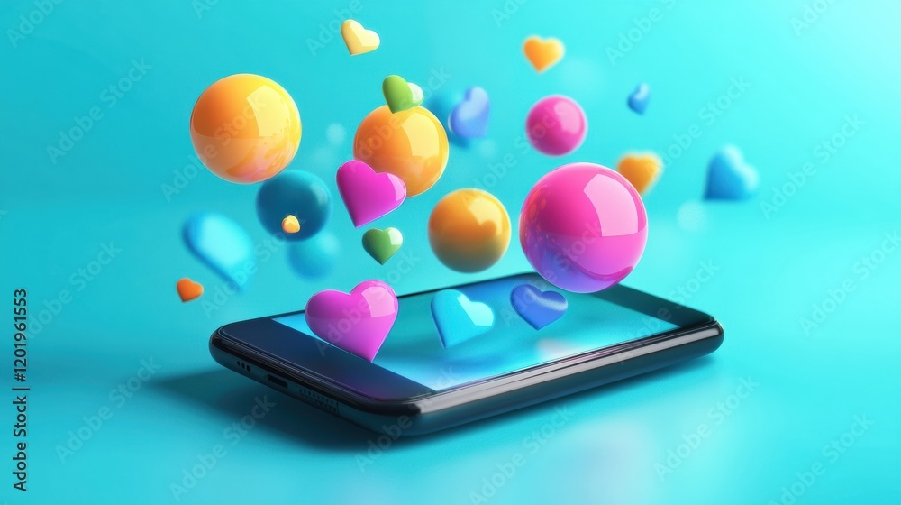 Fototapete bright chat bubbles flow out of a smartphone with colorful hearts in a playful digital atmosphere. g