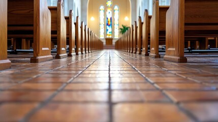 Church aisle, tiled floor, stained glass, peaceful sanctuary, religious ceremony background