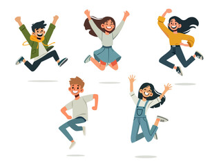 happy people cartoon character celebrating success cheerfully jumping rejoicing win victory illustration clipart set