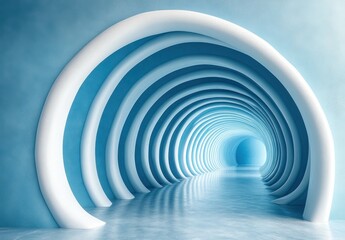 Fototapeta premium Abstract architectural space with curved white and blue walls creating a serene atmosphere, showcasing a futuristic tunnel design with soft light and smooth surfaces.