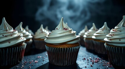 Delicious cupcakes with swirled frosting on a dark background, atmospheric dessert photography
