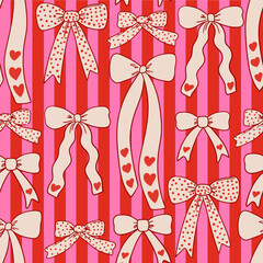 Colorful vintage vector seamless pattern with wavy and quirky hand drawn bows and ribbons on striped background. Illustration in coquette aesthetic for holiday designs, wrapping paper, textile, etc.