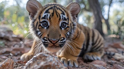Obraz premium Tiger cub crouches on the rocky forest floor in natural daylight, looking curiously at the camera.