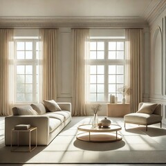 A bright, spacious living room with elegant minimalist furniture in soft neutral tones. Natural light streams through large windows, emphasizing simplicity and warmth