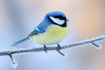 Fototapeta premium Charming Bird Perched on Frost-Covered Branch