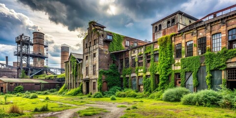 An abandoned industrial landscape with old factories and warehouses standing empty and overgrown with vines and moss, rusting machinery, industrial site, industrial heritage