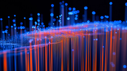 A futuristic visualization of glowing fiber optics in orange and blue, illustrating digital communication, technology, and high-speed data transfer.