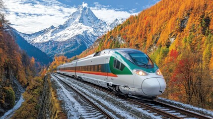 High-speed train travels through autumnal Alps
