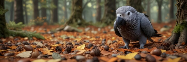 Obraz premium An African grey parrot explores a forest floor covered in fallen leaves, pinecones, and acorns, searching for food and treasures, nature, leaves